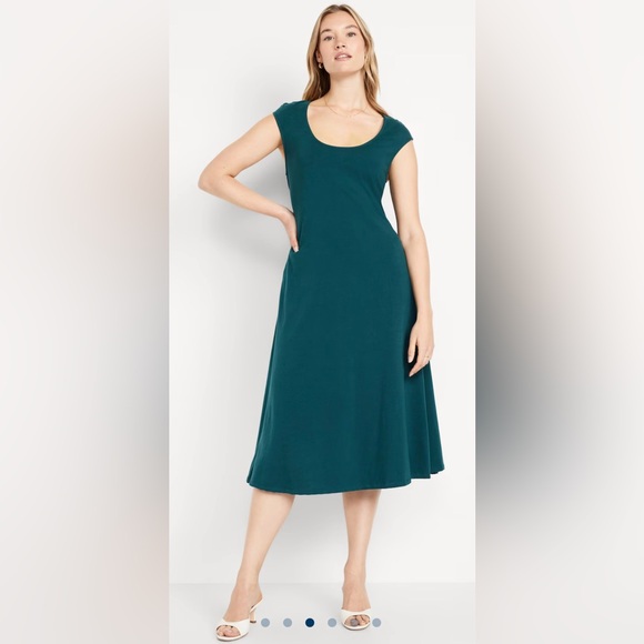 Old Navy Fit and Flare Jersey Knot Cap Sleeve Midi Dress Emerald Green Sz M NWT - Picture 1 of 2